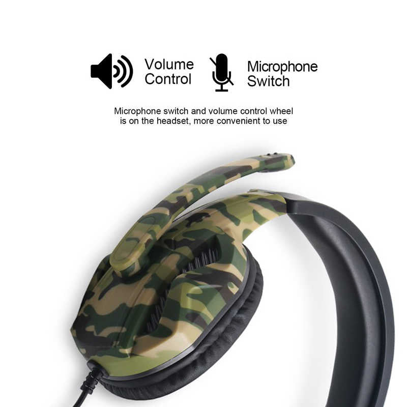 Camouflage gaming headset with volume control and microphone switch on a white background