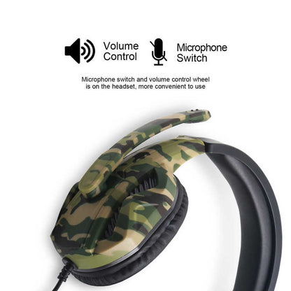 Camouflage gaming headset with volume control and microphone switch on a white background