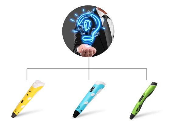 Three colorful 3D printing pens with a circular inset showing a hand holding a glowing blue light bulb.