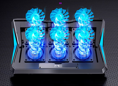 Computer cooling system with blue LED lights on a dark background