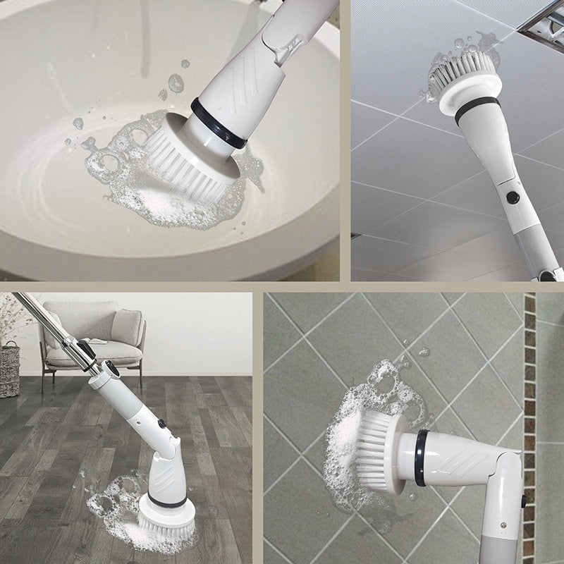 Collage of a cleaning brush in action on different surfaces.