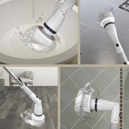 Collage of a cleaning brush in action on different surfaces.