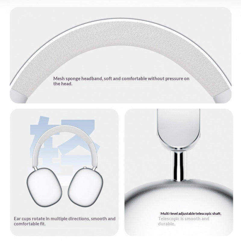 White headphones with packaging displaying features on a white background