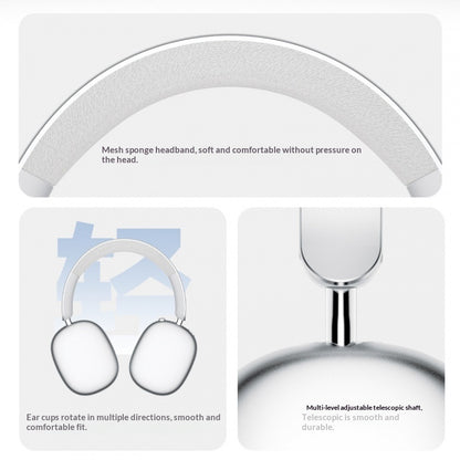 White headphones with packaging displaying features on a white background