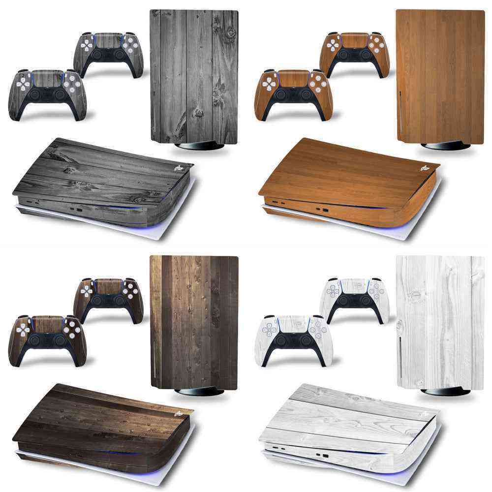 Collection of gaming console and controller skins with wood and white designs.