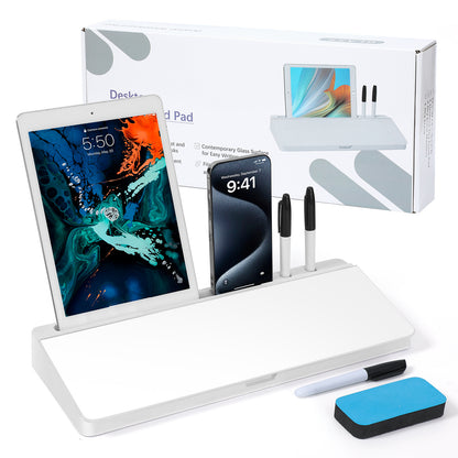 White desk organizer with tablet stand, phone holder, and stationery items on a white background