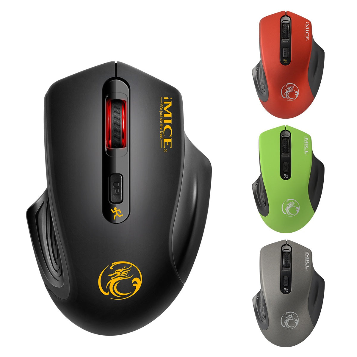 Collection of gaming mice in black, red, green, and gray on a white background
