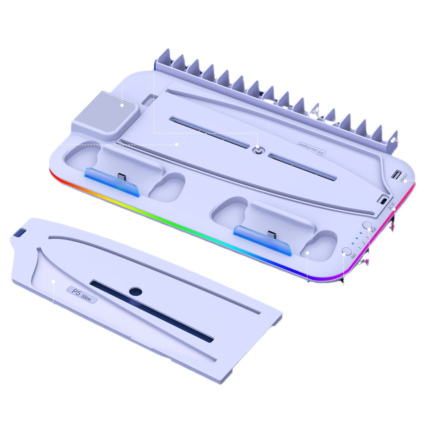 Electronic device with RGB lighting on a white background