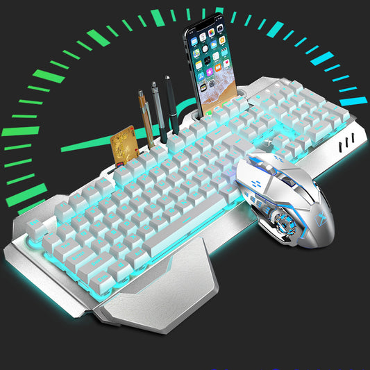 Gaming keyboard and mouse set with smartphone stand on a black background