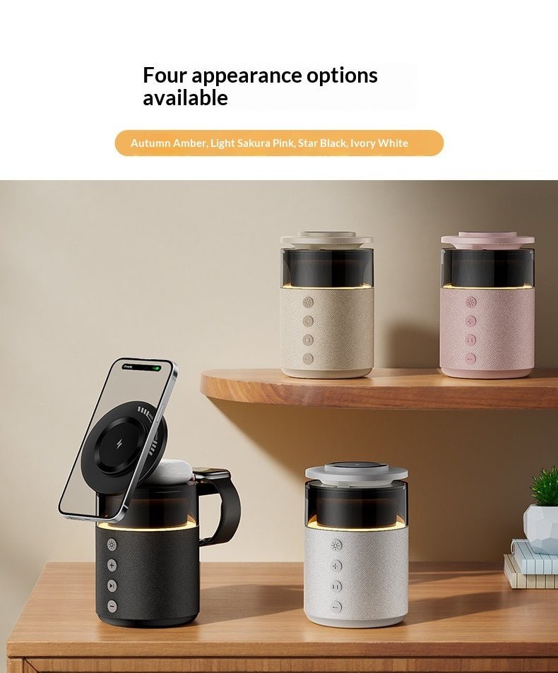 Four different appearance options of a product on a wooden shelf with a neutral background.