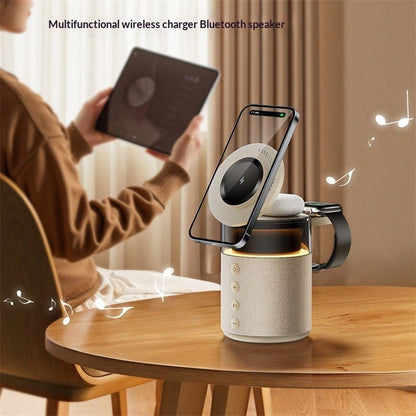 Multifunctional wireless charger Bluetooth speaker on a table with a person using a phone.
