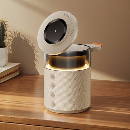 Modern smart speaker with a light on a wooden surface