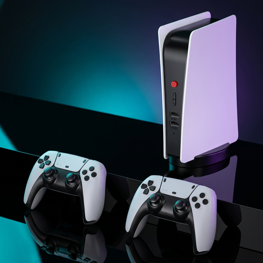 Gaming console and controllers on a reflective surface with a dark background