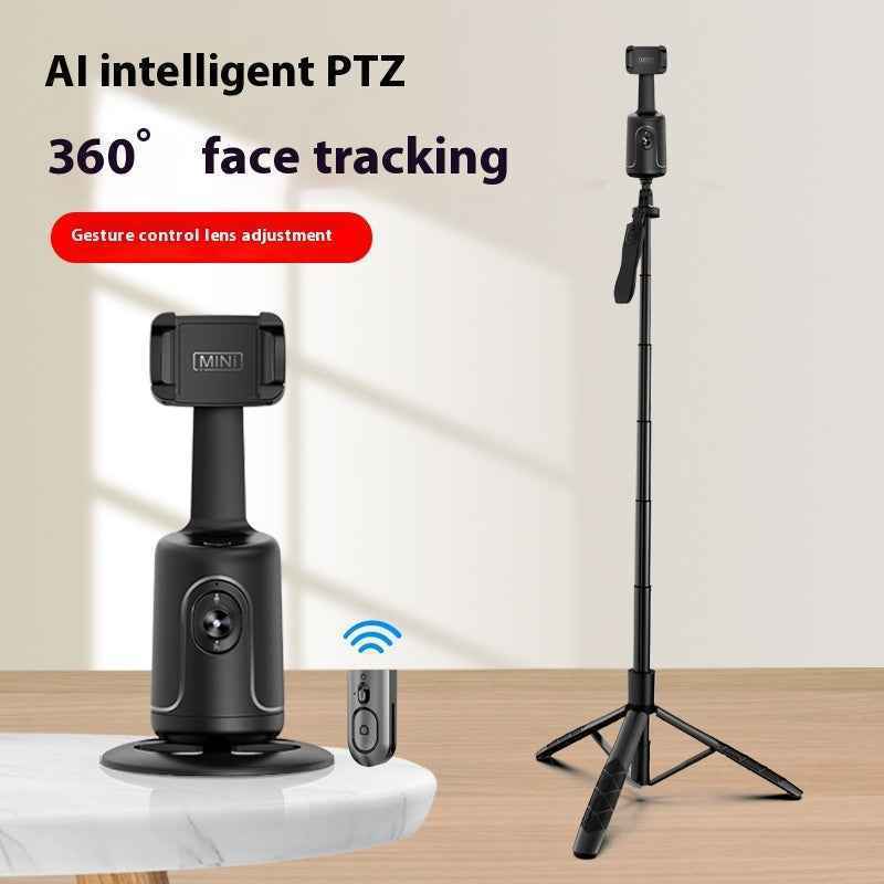 Camera with AI intelligent PTZ and 360° face tracking on a stand with text overlay.