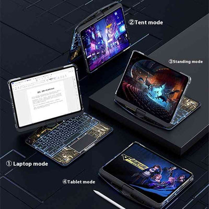 Multi-mode device showing laptop, tent, standing, and tablet modes on a dark surface.