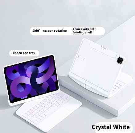 White tablet with keyboard and screen rotation features on a light gray background
