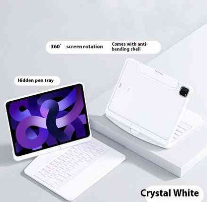White tablet with keyboard and screen rotation features on a light gray background