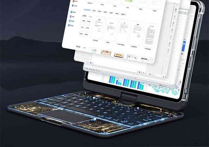 Open laptop displaying multiple screens on a dark background