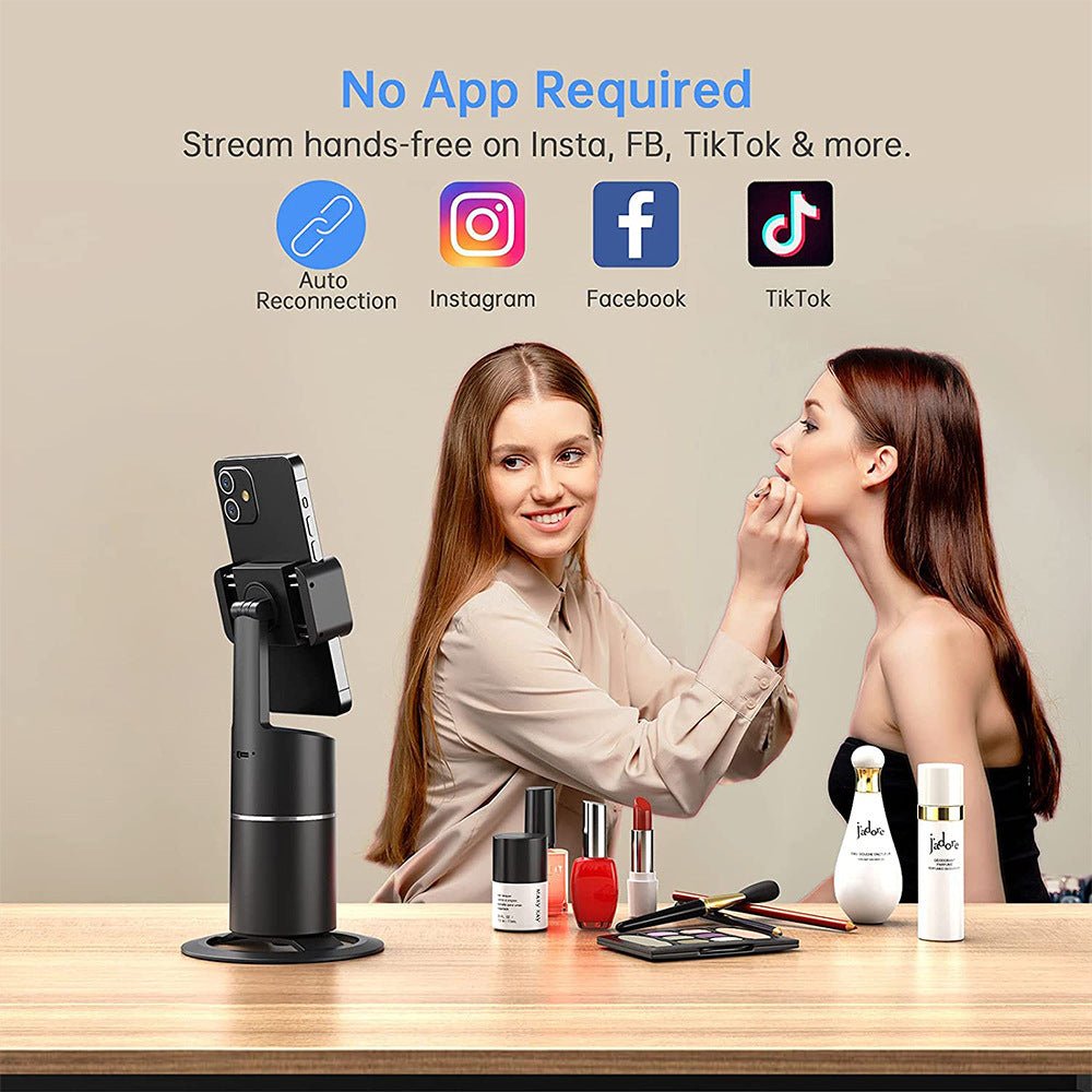 Woman applying makeup with a smartphone on a stand, surrounded by beauty products.