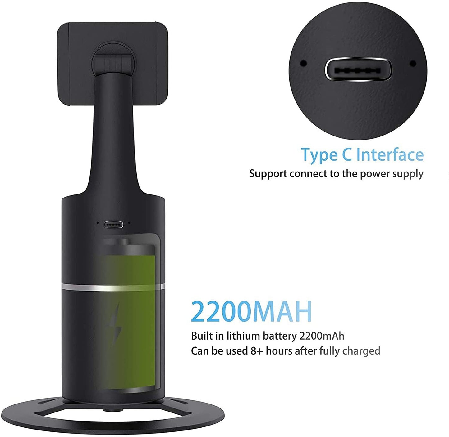 Black handheld device with 2200mAh battery and Type C interface on a white background