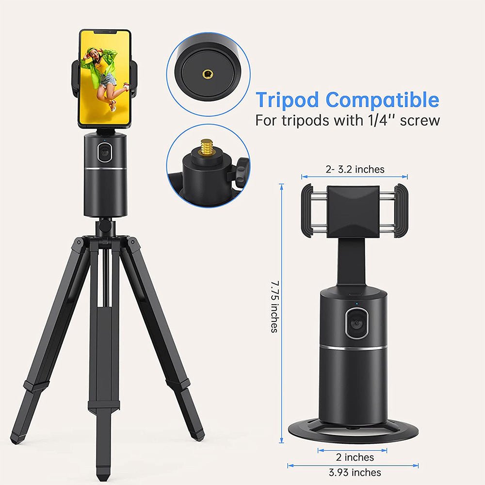 Phone holder with tripod attachment and measurements on a white background