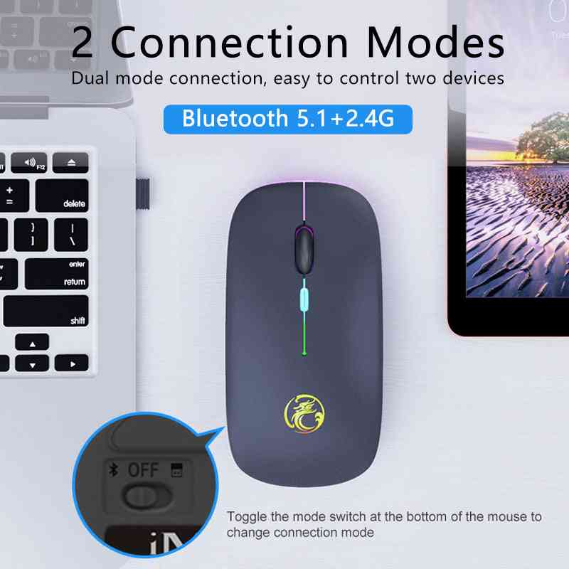 Wireless mouse with Bluetooth 5.1 and 2.4G connection modes on a white background