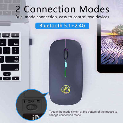 Wireless mouse with Bluetooth 5.1 and 2.4G connection modes on a white background