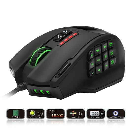 Black gaming mouse with green accents on a white background