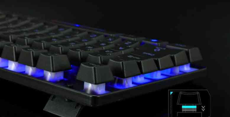 Gaming keyboard with blue backlighting on a dark background
