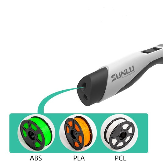 3D printing pen with spools of ABS, PLA, and PCL filament on a white background