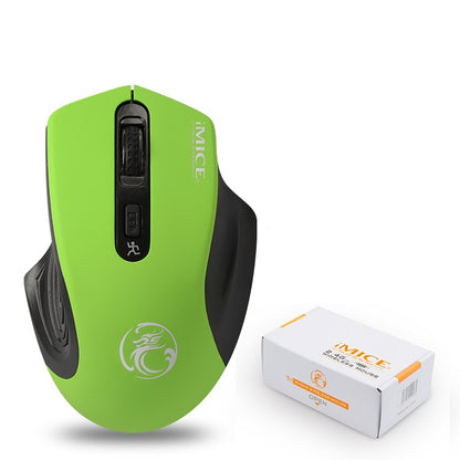 Green computer mouse with black accents and iMice branding, next to a matching box on a white background.