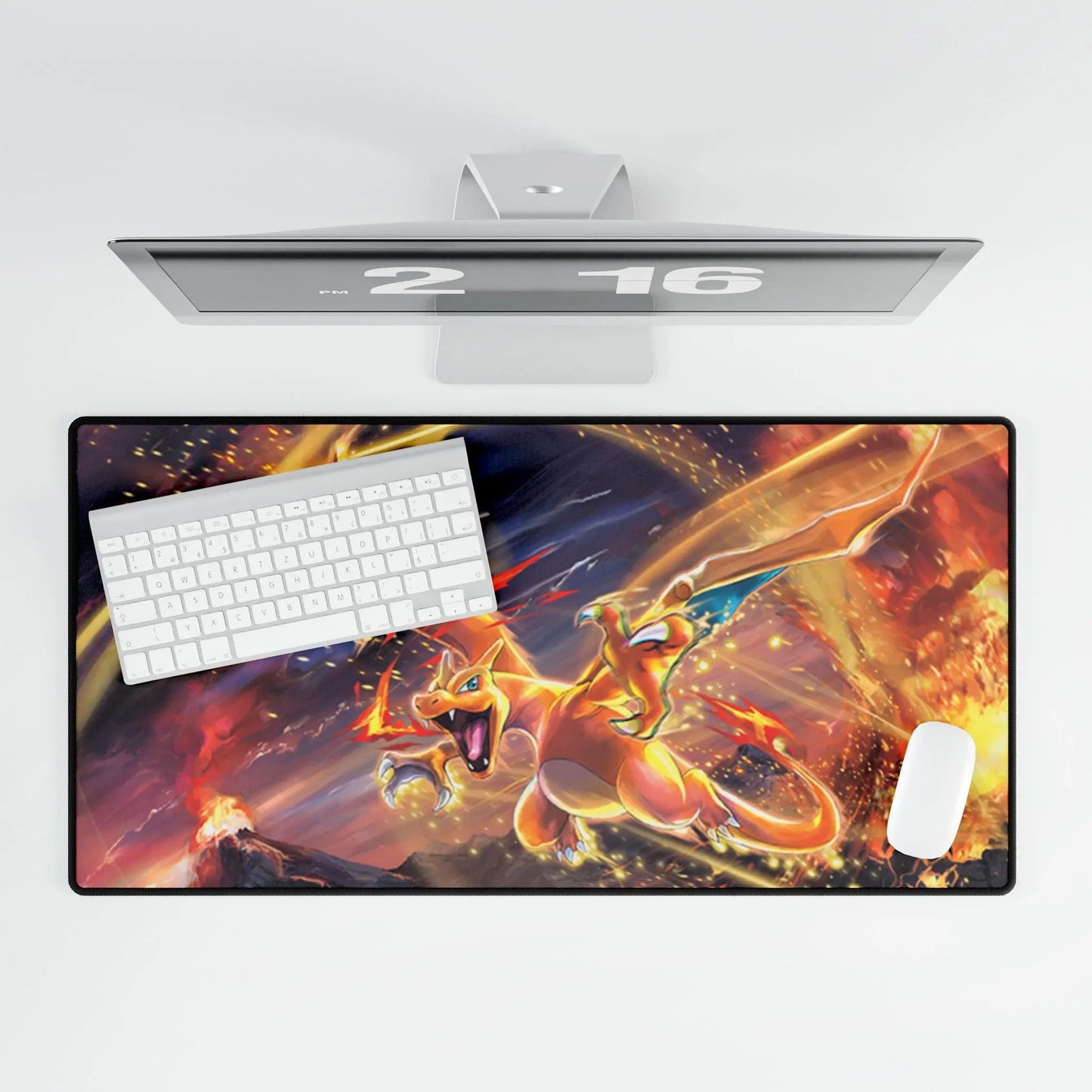 Large desk mat with dragon design featuring a computer setup on a white background