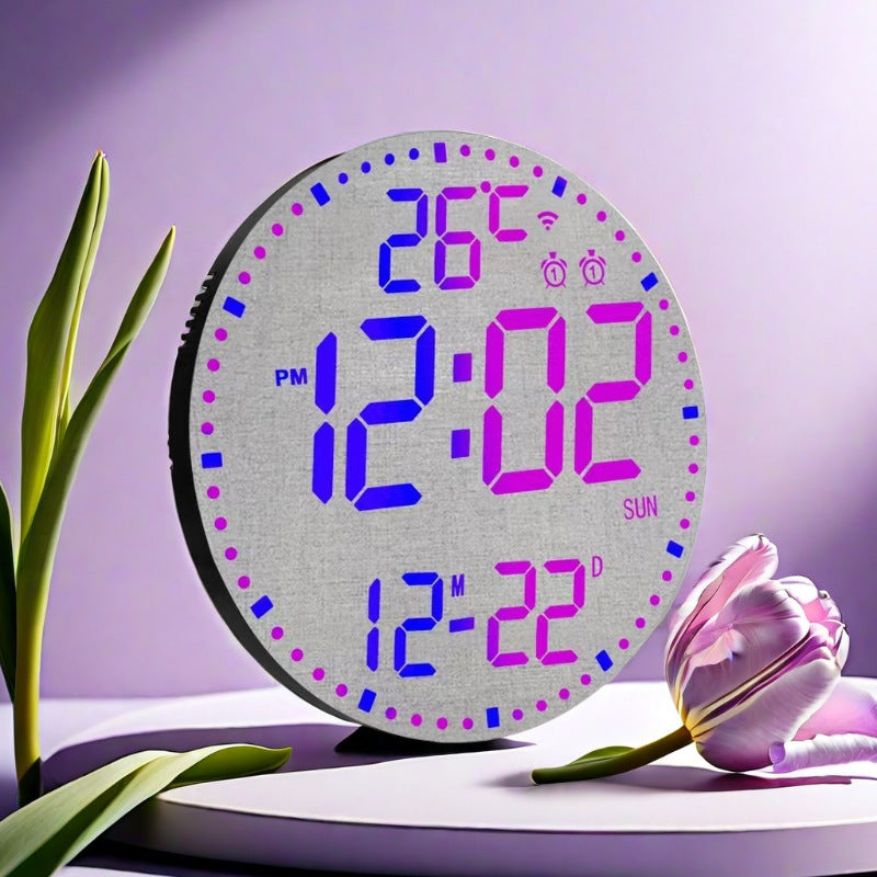 Digital clock with LED display on a purple background