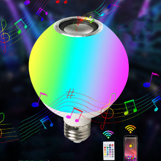 Colorful LED light bulb with music notes and a speaker on a dark background