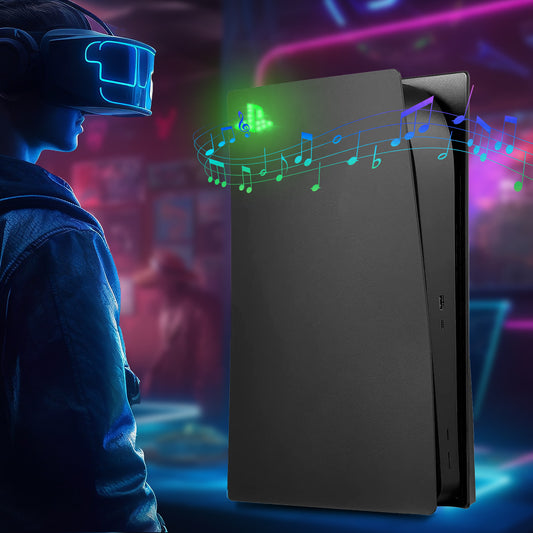 Person wearing a VR headset with a gaming console and music notes in the foreground.