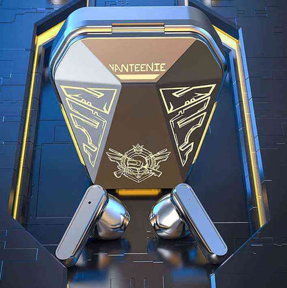 Low-Latency Gaming Headset with branded packaging on a dark background