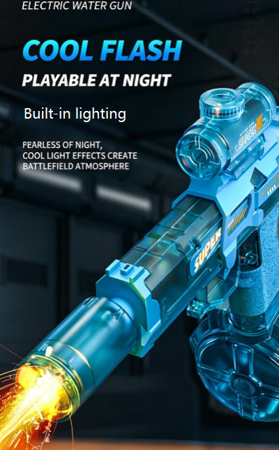 Blue electric water gun with built-in lighting effects on a dark background
