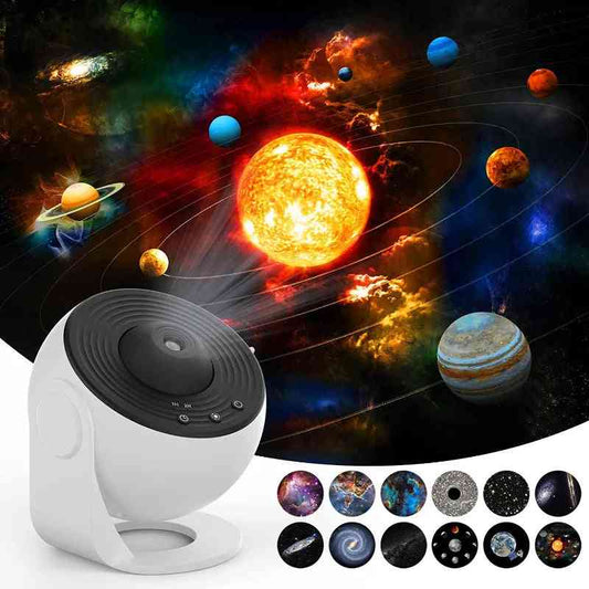 Space-themed projector with solar system illustration and planet illustrations below.