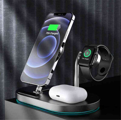 Multi-device wireless charging stand with smartphone, smartwatch, and wireless earbuds on a dark background