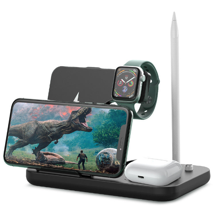 Multi-device charging stand with phone, watch, and airpods on a white background