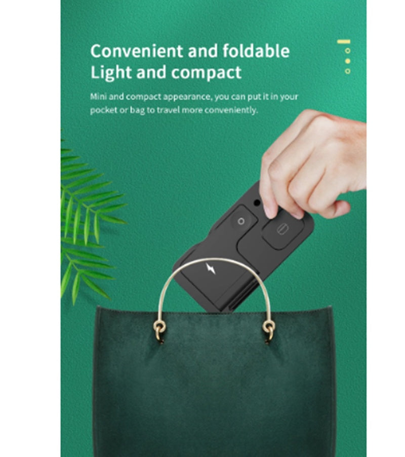 Hand holding a compact device with text about its convenience and foldable nature on a green background.