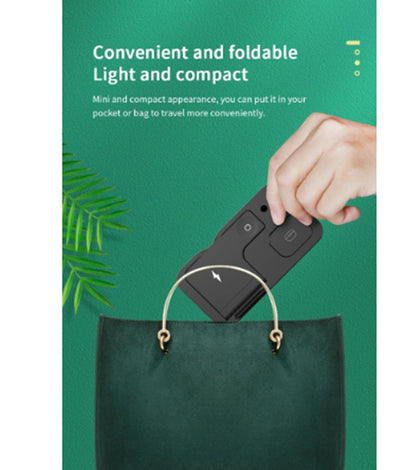 Hand holding a compact device with text about its convenience and foldable nature on a green background.