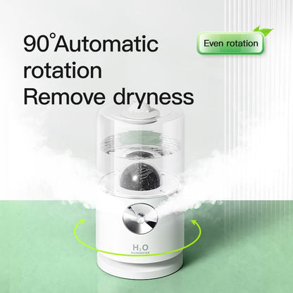 White humidifier with text '90° Automatic rotation Remove dryness' on a light green background