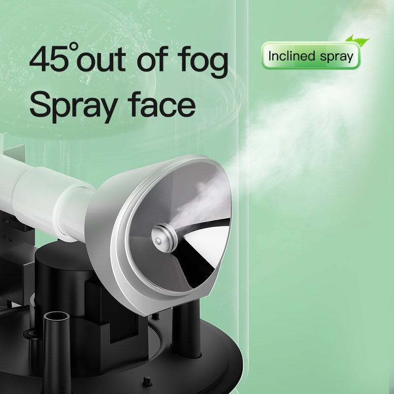Spray device with text indicating '45° out of fog Spray face' and 'Inclined spray' on a green background.