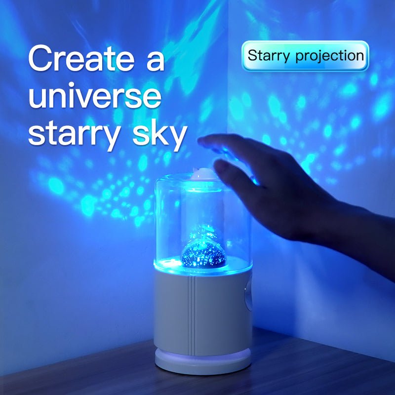 Starry projection lamp creating a starry sky effect on a wall with text 'Create a universe starry sky'.