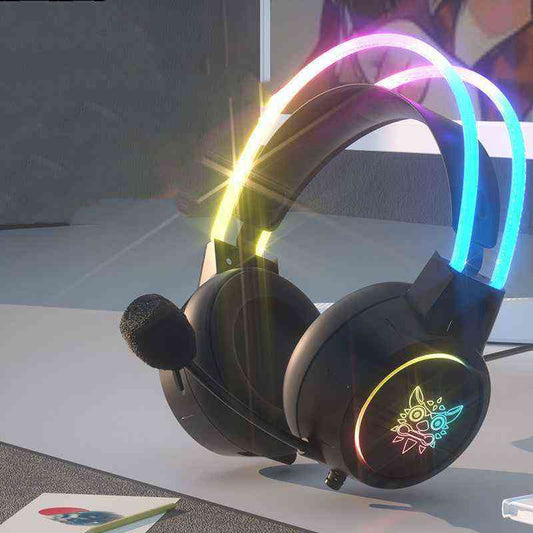 Gaming headset with colorful LED lights on a desk