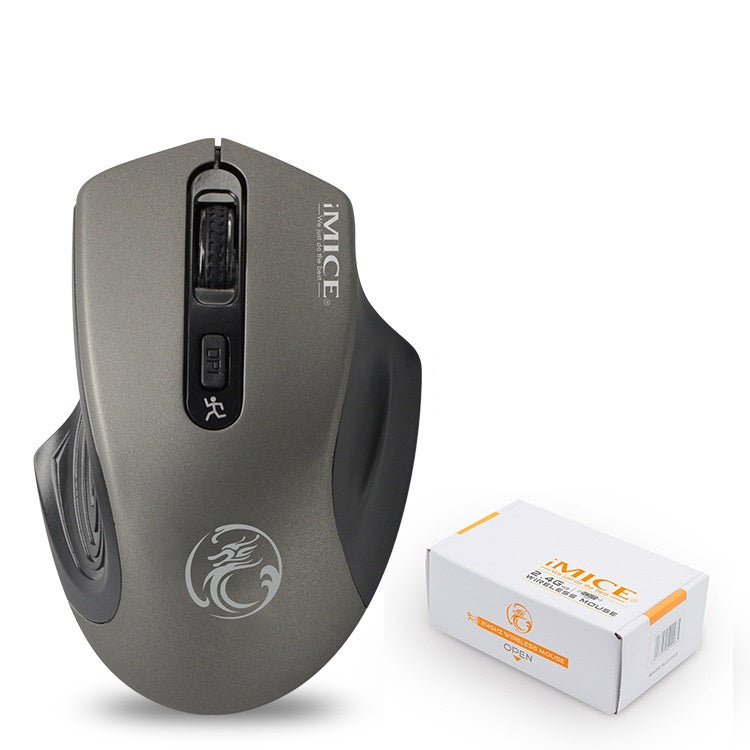 Gray computer mouse with iMICE branding next to its packaging on a white background