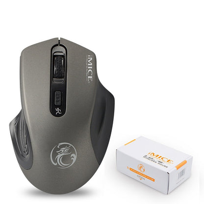 Gray computer mouse with iMICE branding next to its packaging on a white background