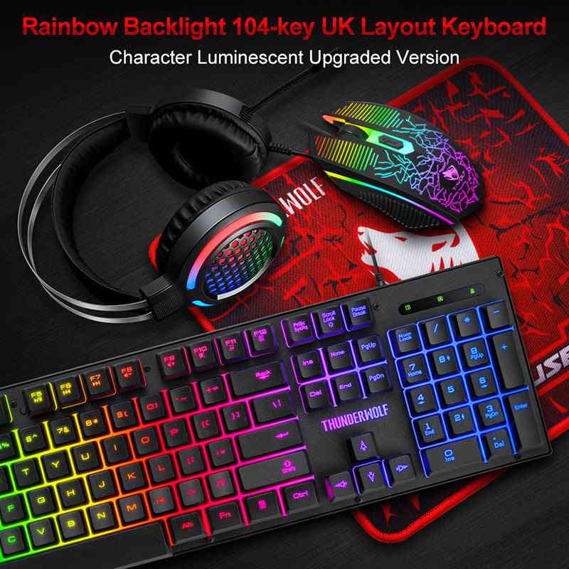 Luminous Gaming Keyboard, Mouse, and Headphone Set with rainbow backlighting on a dark surface