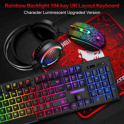 Luminous Gaming Keyboard, Mouse, and Headphone Set with rainbow backlighting on a dark surface